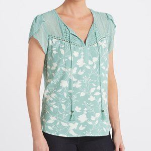 NWT ! DANIEL RAINN Jarra Flutter Sleeve Tassel Knit Top, color- Turquoise gray.